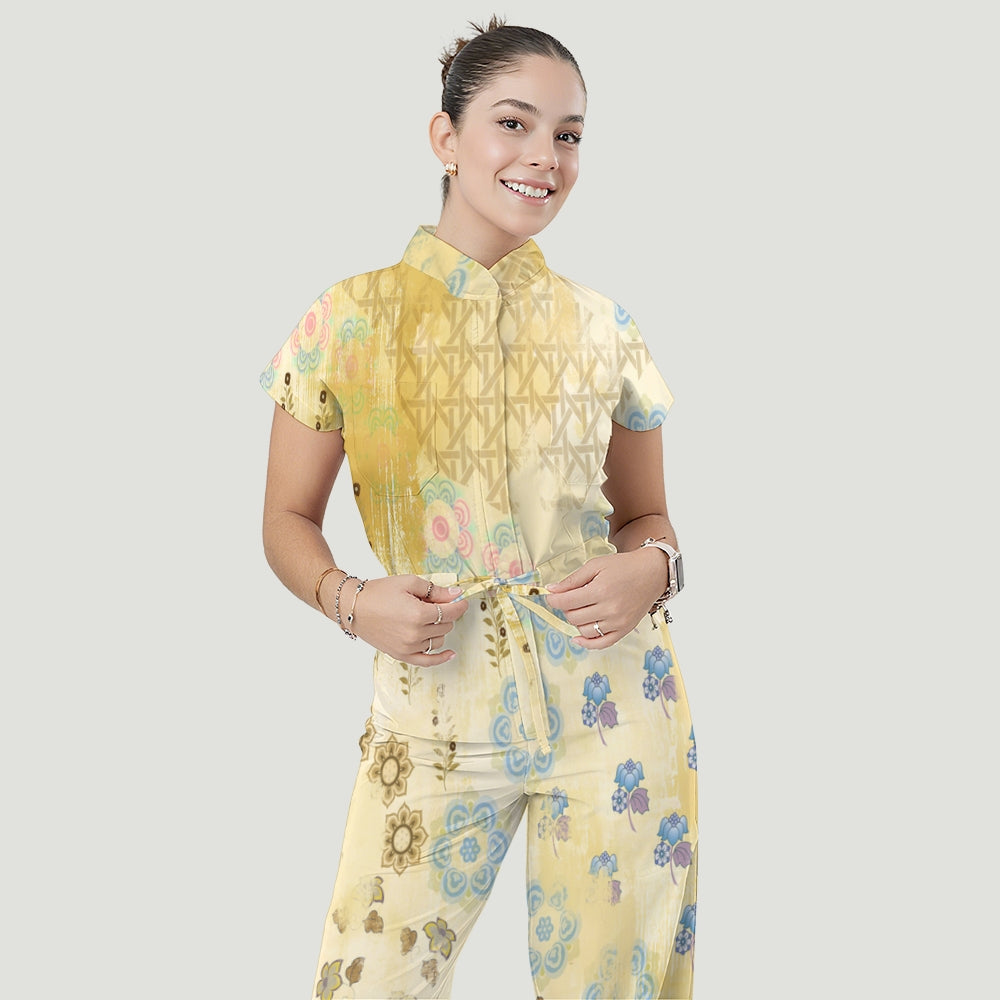 Women's Relaxed Fit Vintage Art Printed Scrub Jumpsuit CJ10274