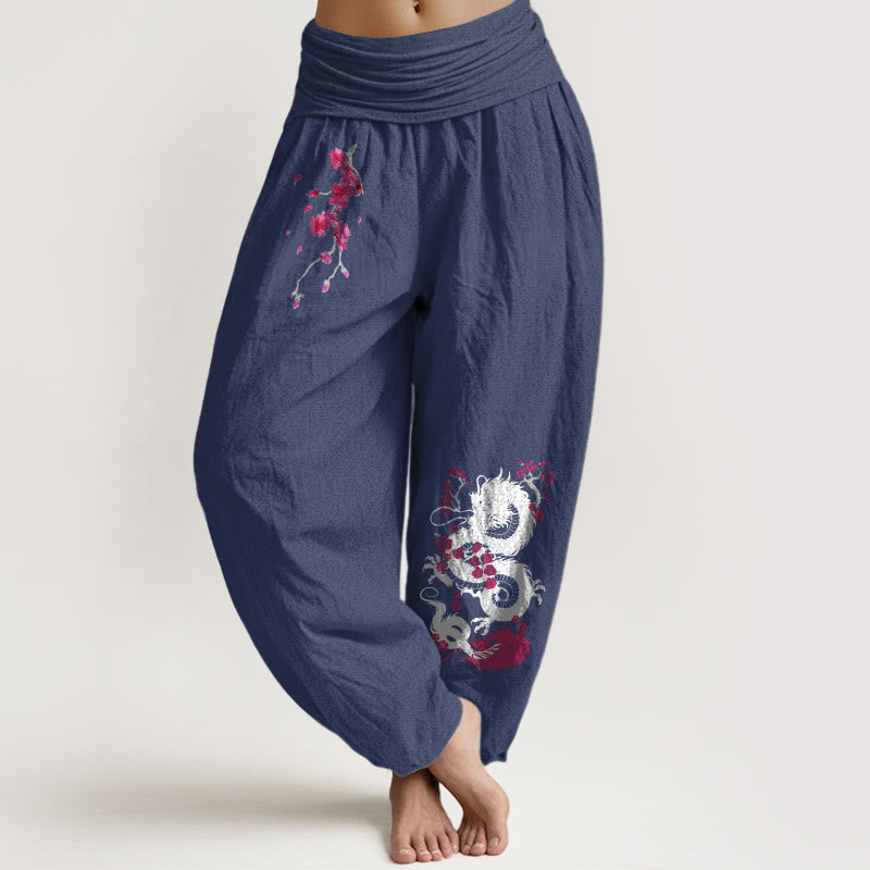 Dragon Cherry Blossoms Pattern Women's Elastic Waist Harem Cotton Pants