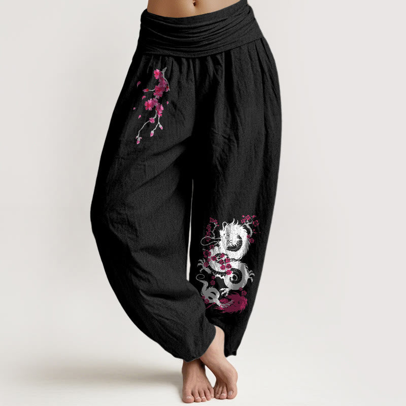 Dragon Cherry Blossoms Pattern Women's Elastic Waist Harem Cotton Pants