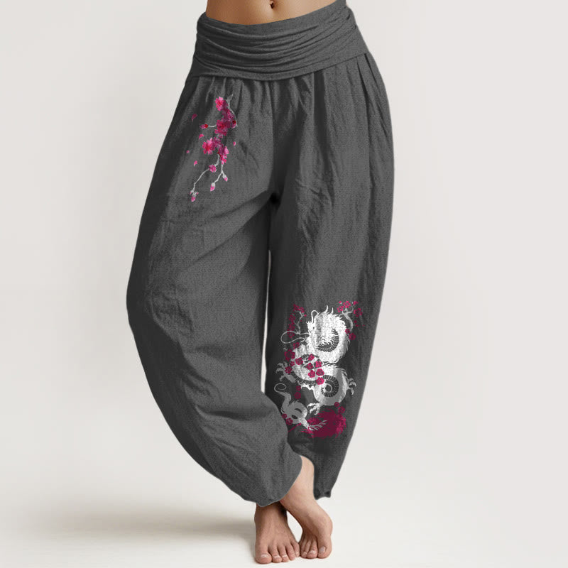 Dragon Cherry Blossoms Pattern Women's Elastic Waist Harem Cotton Pants