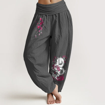 Dragon Cherry Blossoms Pattern Women's Elastic Waist Harem Cotton Pants
