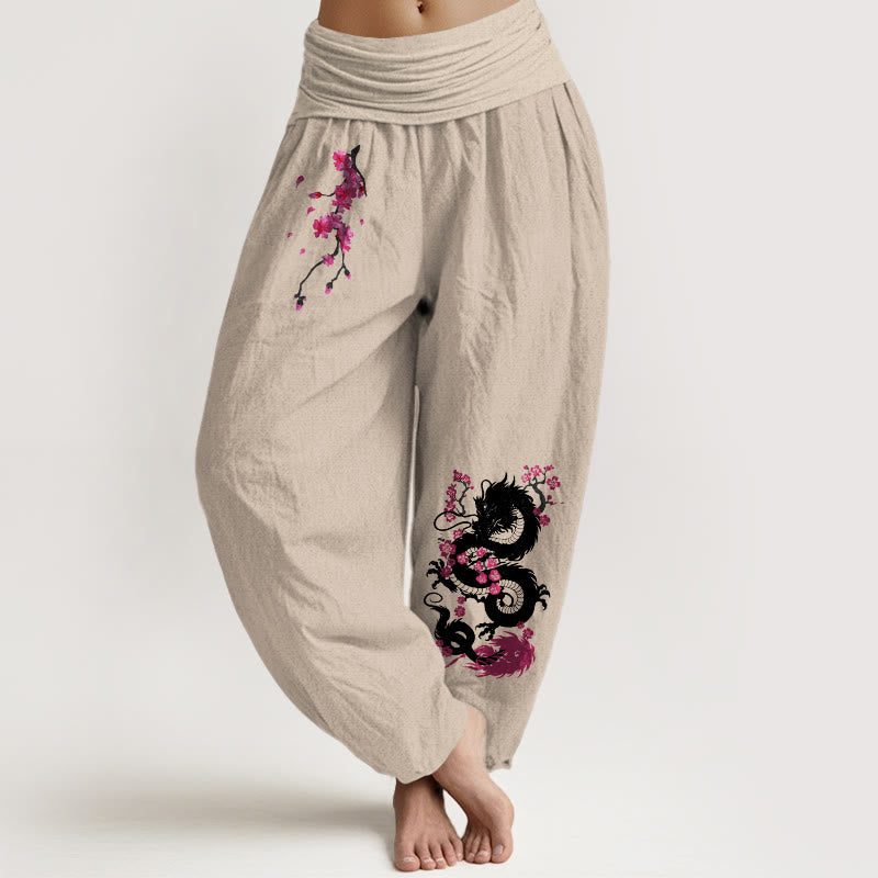 Dragon Cherry Blossoms Pattern Women's Elastic Waist Harem Cotton Pants