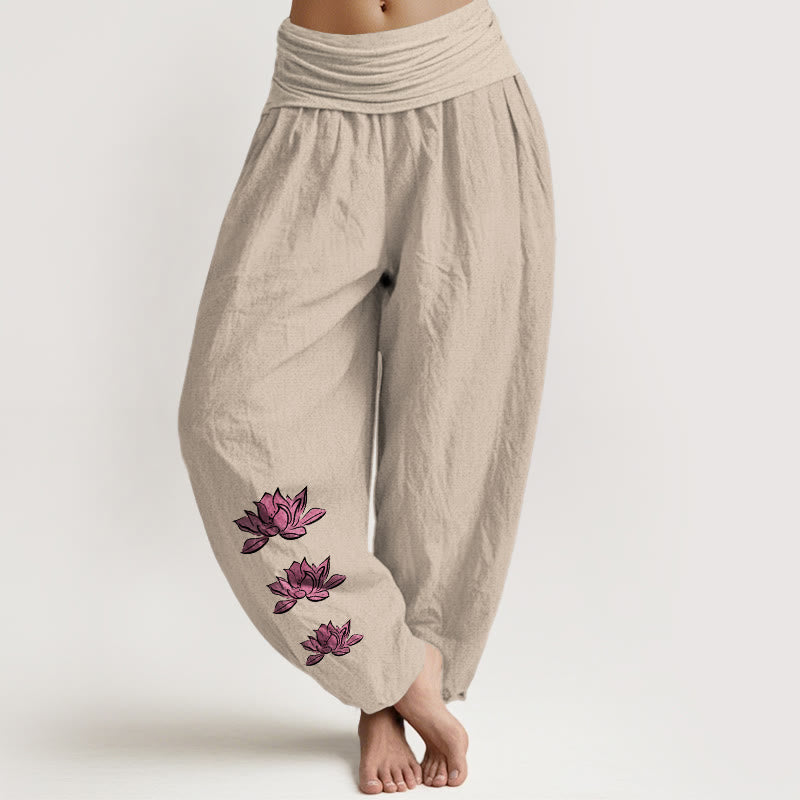 Casual Lotus Pattern Pure Cotton Women's Elastic Waist Harem Pants