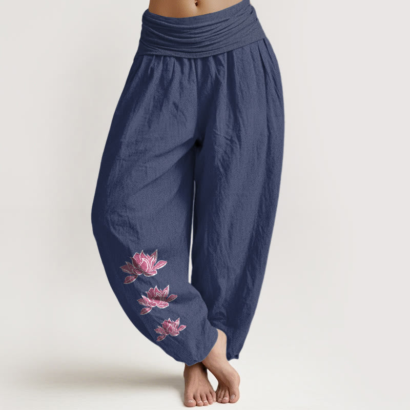 Casual Lotus Pattern Pure Cotton Women's Elastic Waist Harem Pants
