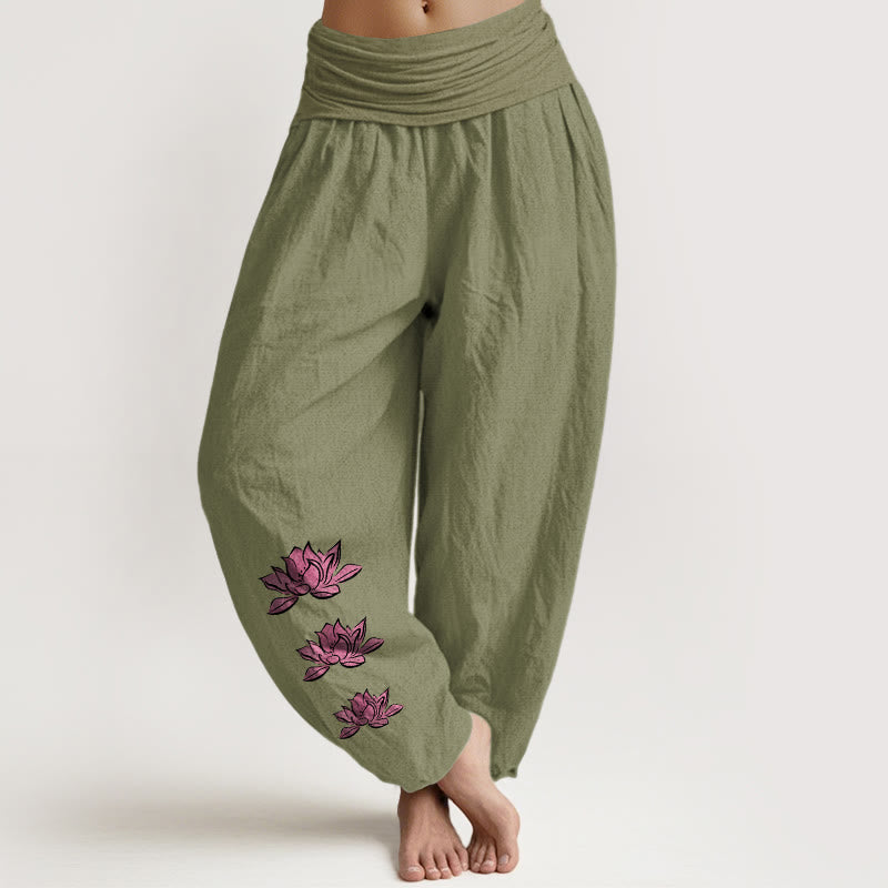 Casual Lotus Pattern Pure Cotton Women's Elastic Waist Harem Pants