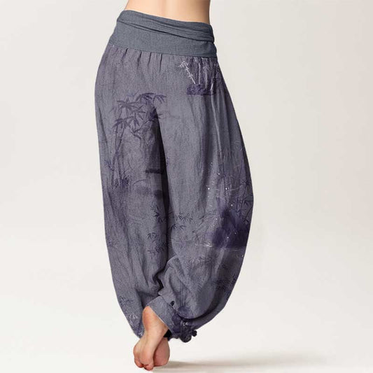 Pure Cotton Casual Bamboo Rock Ink Painting Women's Elastic Waist Harem Pants