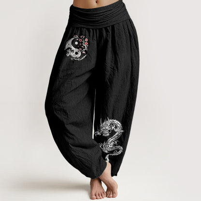 Dragon Yin Yang Waves Flower Pattern Pure Cotton Women's Elastic Waist Harem Pants