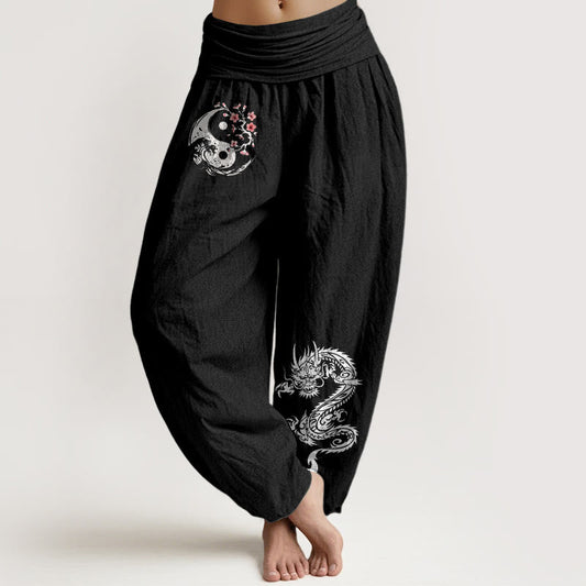Dragon Yin Yang Waves Flower Pattern Pure Cotton Women's Elastic Waist Harem Pants