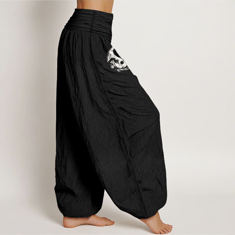 Dragon Yin Yang Waves Flower Pattern Pure Cotton Women's Elastic Waist Harem Pants
