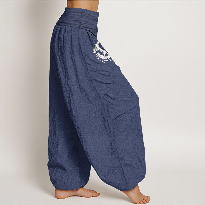 Dragon Yin Yang Waves Flower Pattern Pure Cotton Women's Elastic Waist Harem Pants