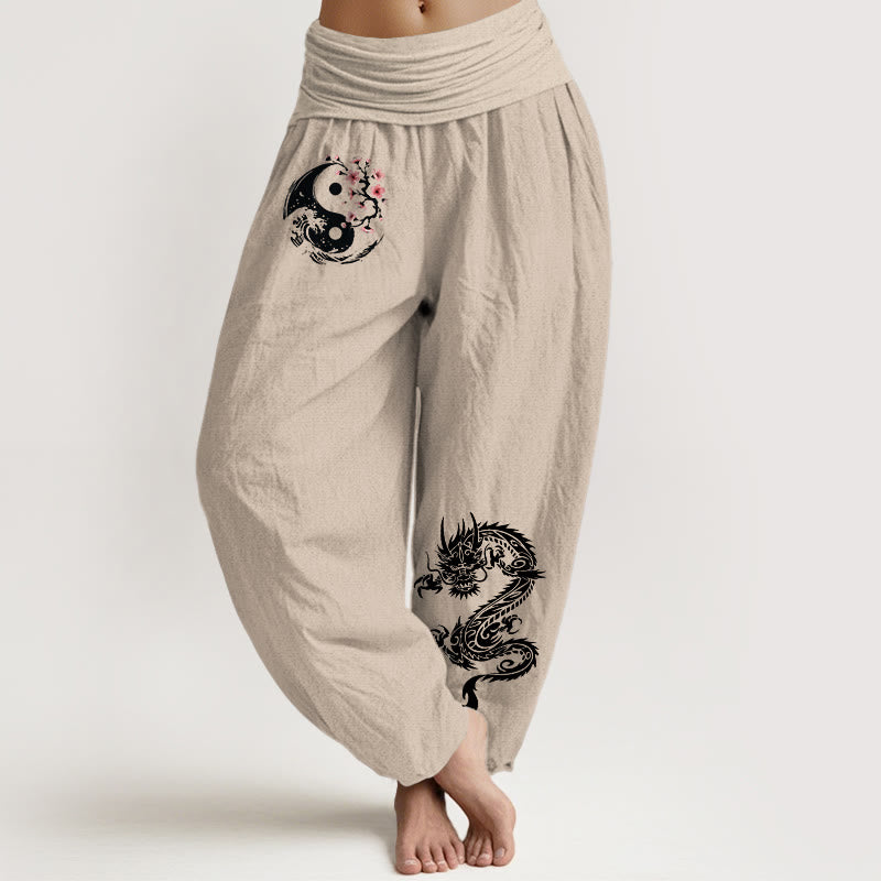 Dragon Yin Yang Waves Flower Pattern Pure Cotton Women's Elastic Waist Harem Pants