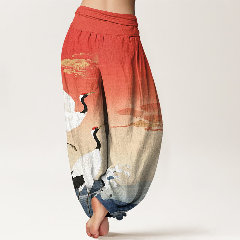 Pure Cotton Cranes Auspicious Clouds Ocean Women's Elastic Waist Harem Pants