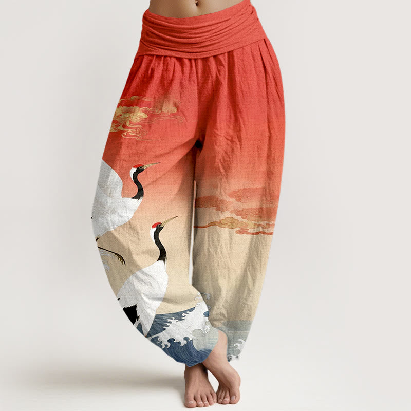 Pure Cotton Cranes Auspicious Clouds Ocean Women's Elastic Waist Harem Pants