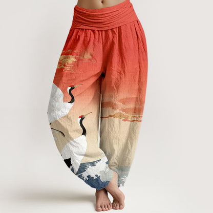 Pure Cotton Cranes Auspicious Clouds Ocean Women's Elastic Waist Harem Pants