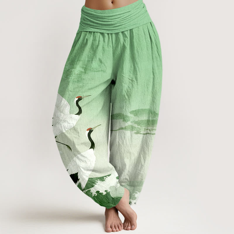 Pure Cotton Cranes Auspicious Clouds Ocean Women's Elastic Waist Harem Pants