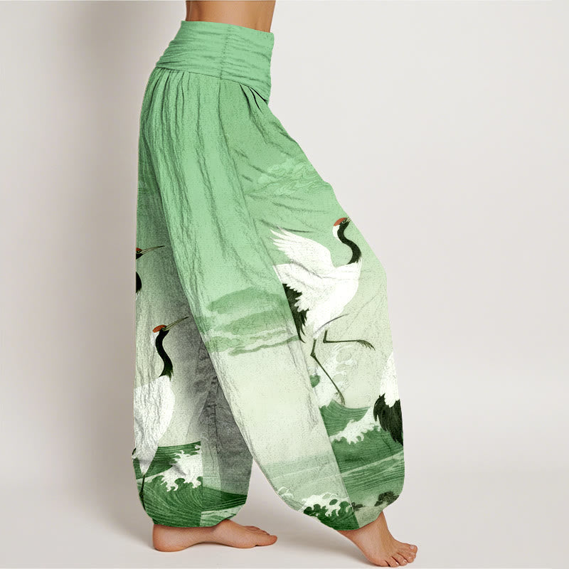 Pure Cotton Cranes Auspicious Clouds Ocean Women's Elastic Waist Harem Pants