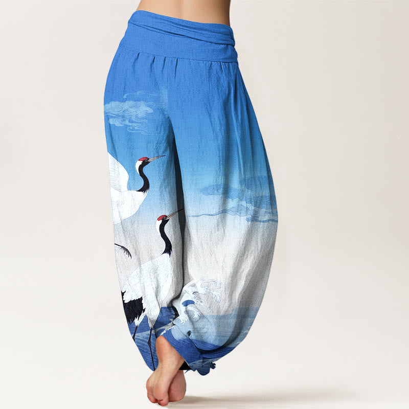 Pure Cotton Cranes Auspicious Clouds Ocean Women's Elastic Waist Harem Pants
