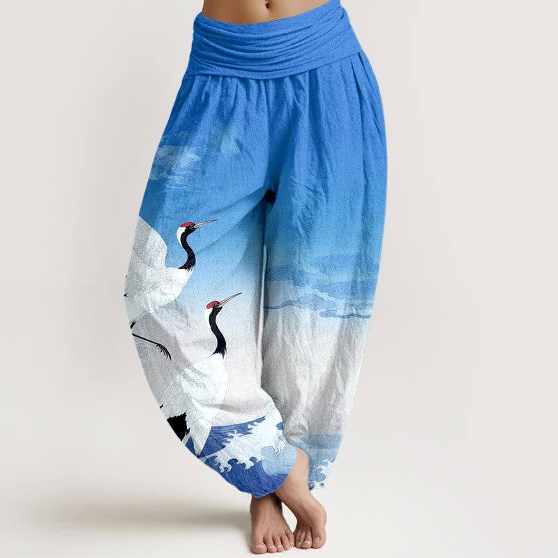 Pure Cotton Cranes Auspicious Clouds Ocean Women's Elastic Waist Harem Pants
