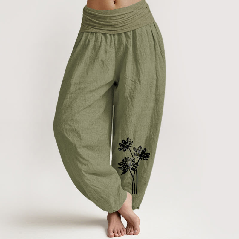 Casual Three Lotus Flowers Pattern Women's Elastic Waist Harem Cotton Pants