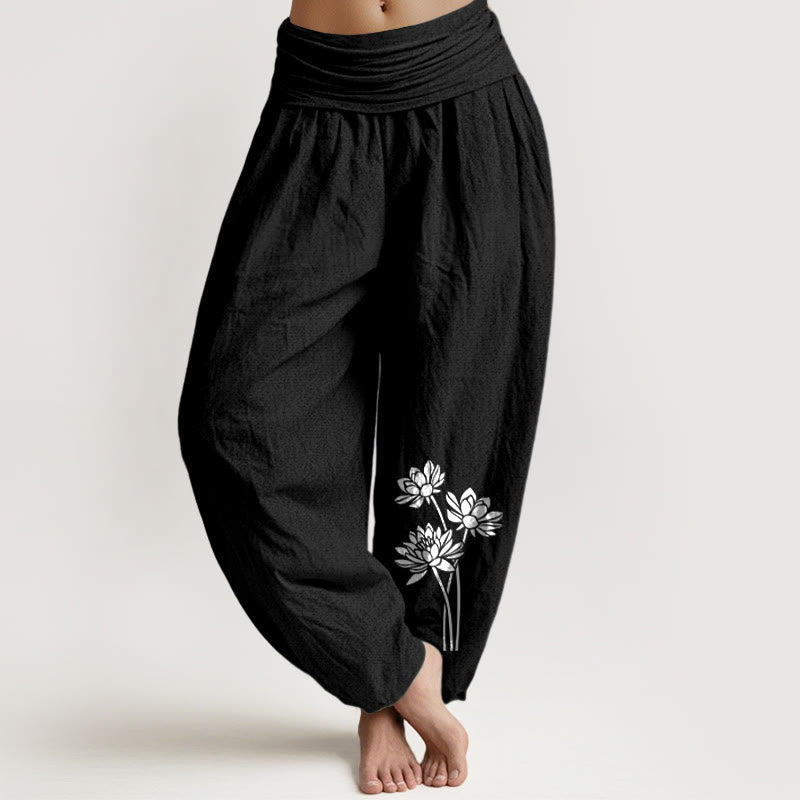 Casual Three Lotus Flowers Pattern Women's Elastic Waist Harem Cotton Pants
