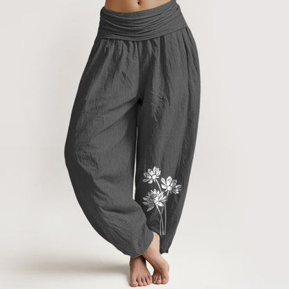 Casual Three Lotus Flowers Pattern Women's Elastic Waist Harem Cotton Pants