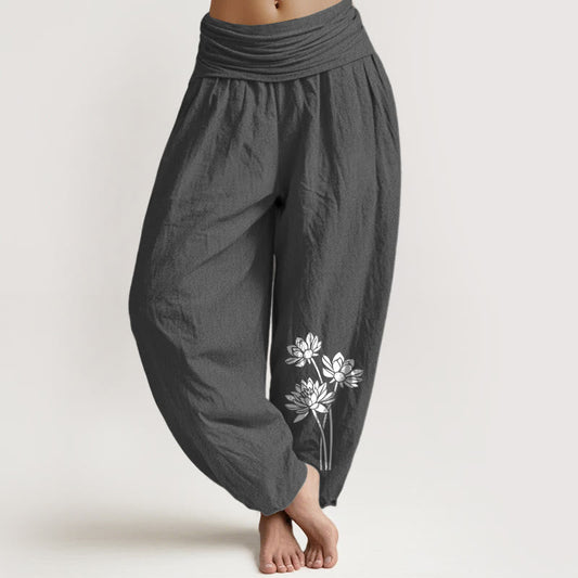 Casual Three Lotus Flowers Pattern Women's Elastic Waist Harem Cotton Pants