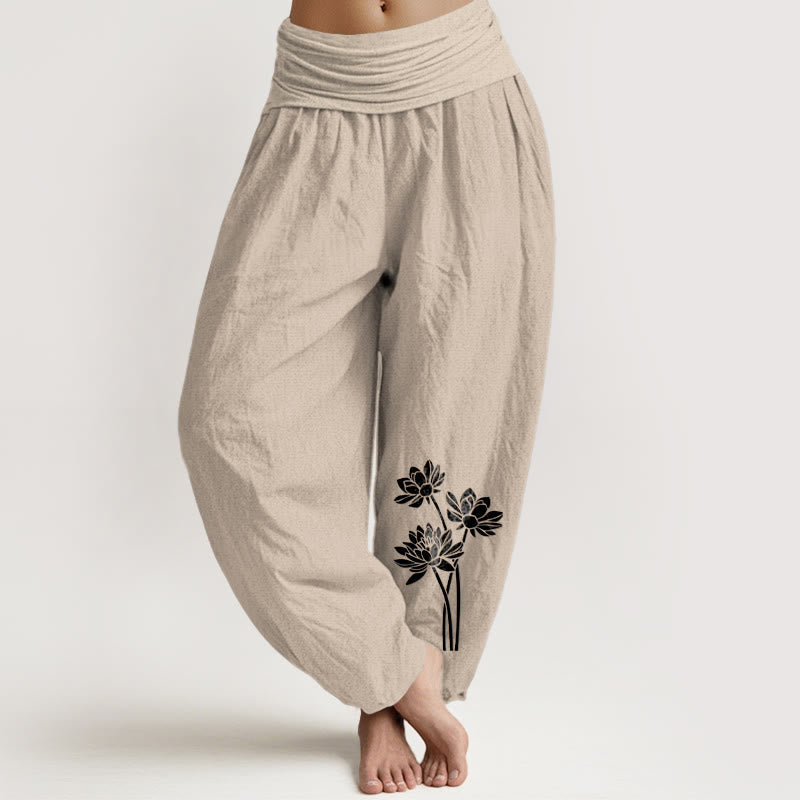 Casual Three Lotus Flowers Pattern Women's Elastic Waist Harem Cotton Pants