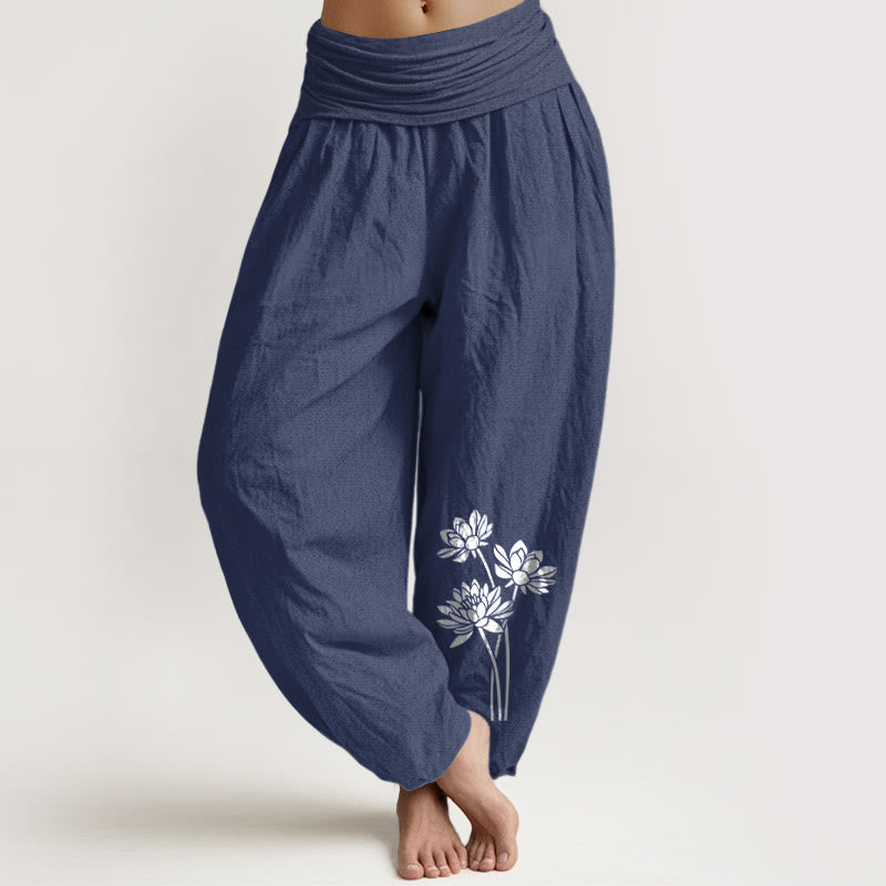 Casual Three Lotus Flowers Pattern Women's Elastic Waist Harem Cotton Pants