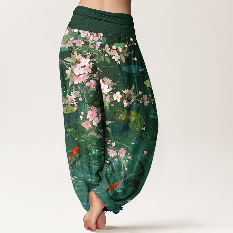 Pure Cotton Sakura Blossoms Koi Fish Lotus Leaves Women's Elastic Waist Harem Pants
