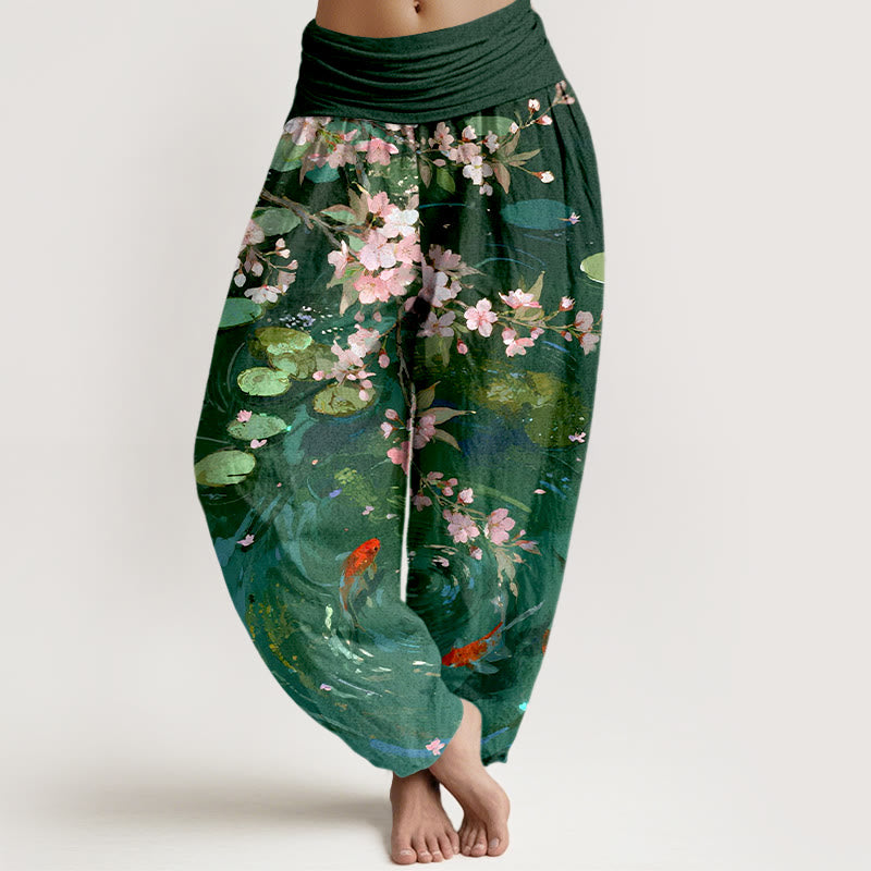 Pure Cotton Sakura Blossoms Koi Fish Lotus Leaves Women's Elastic Waist Harem Pants