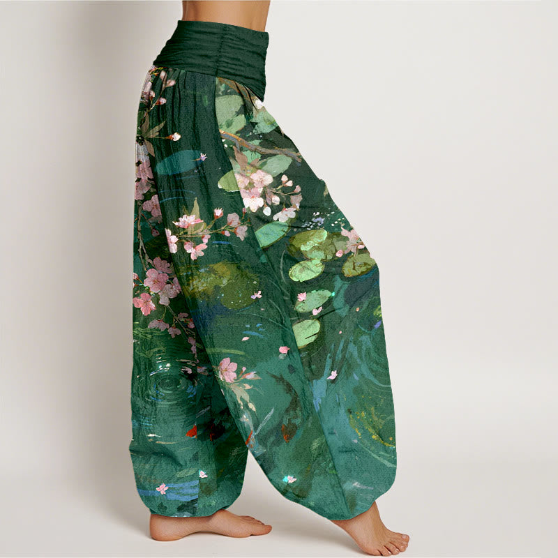 Pure Cotton Sakura Blossoms Koi Fish Lotus Leaves Women's Elastic Waist Harem Pants