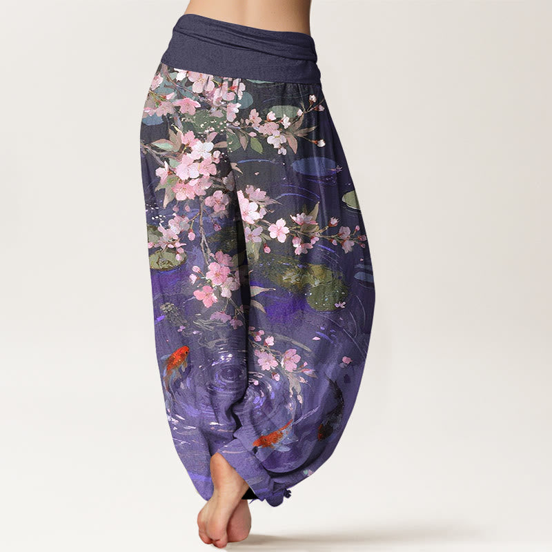 Pure Cotton Sakura Blossoms Koi Fish Lotus Leaves Women's Elastic Waist Harem Pants