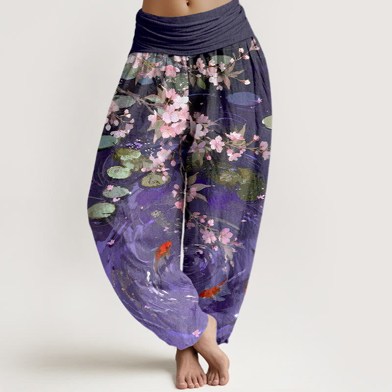 Pure Cotton Sakura Blossoms Koi Fish Lotus Leaves Women's Elastic Waist Harem Pants