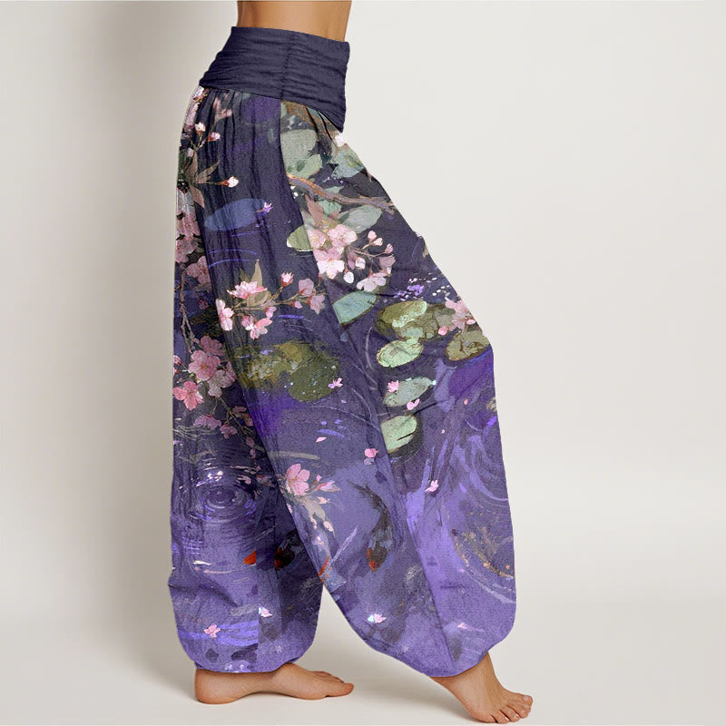 Pure Cotton Sakura Blossoms Koi Fish Lotus Leaves Women's Elastic Waist Harem Pants