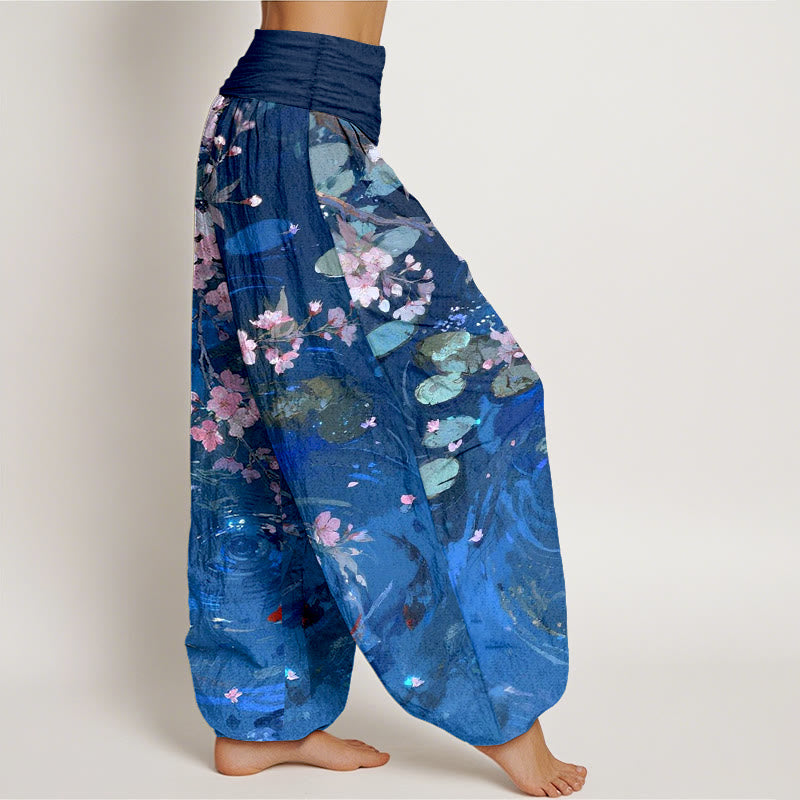 Pure Cotton Sakura Blossoms Koi Fish Lotus Leaves Women's Elastic Waist Harem Pants