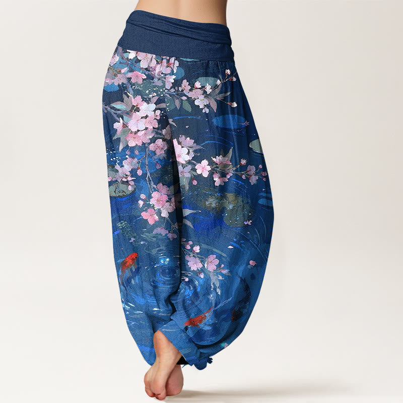 Pure Cotton Sakura Blossoms Koi Fish Lotus Leaves Women's Elastic Waist Harem Pants