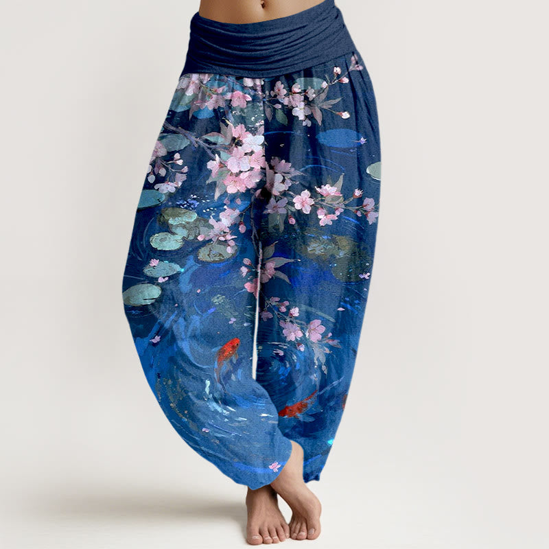 Pure Cotton Sakura Blossoms Koi Fish Lotus Leaves Women's Elastic Waist Harem Pants