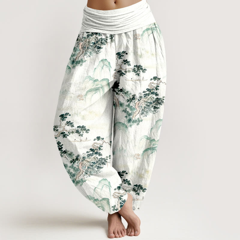 Print Pine Trees Mountains Pattern Pure Cotton Women's Elastic Waist Harem Pants