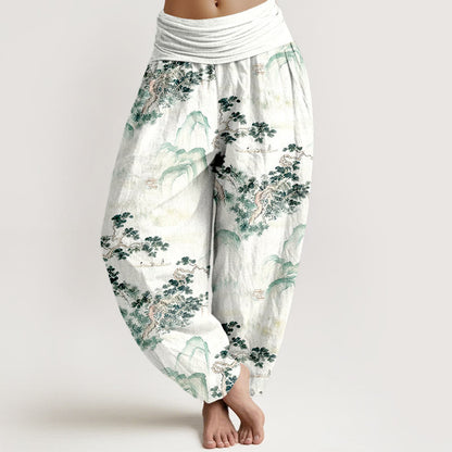 Print Pine Trees Mountains Pattern Pure Cotton Women's Elastic Waist Harem Pants