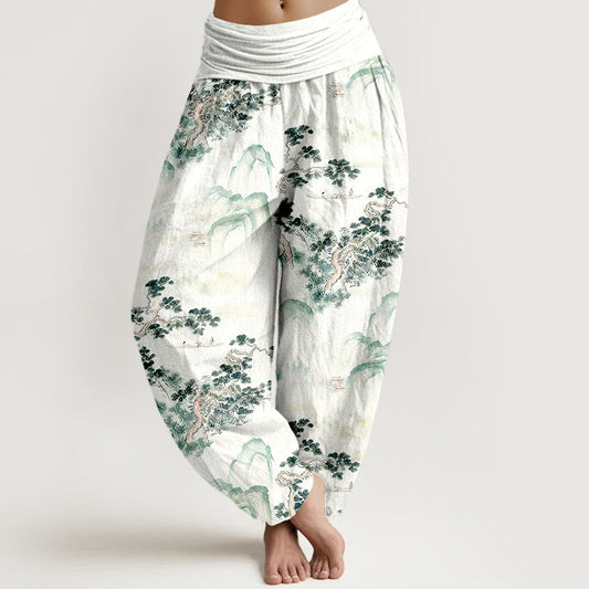 Print Pine Trees Mountains Pattern Pure Cotton Women's Elastic Waist Harem Pants