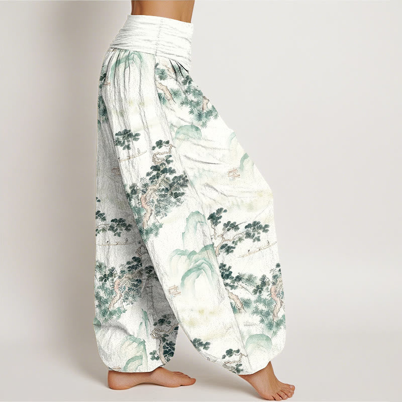 Print Pine Trees Mountains Pattern Pure Cotton Women's Elastic Waist Harem Pants