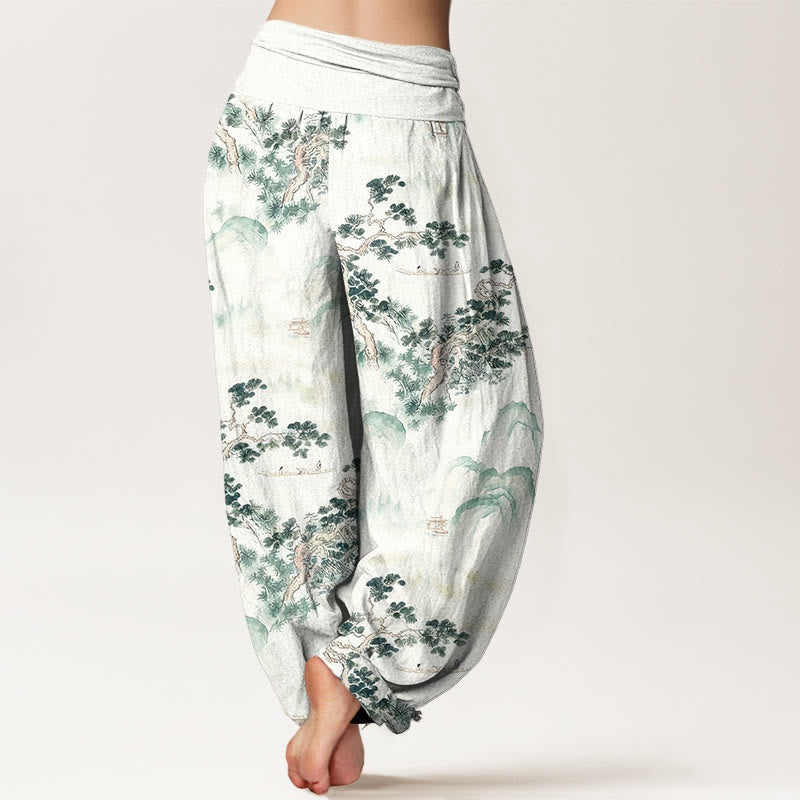 Print Pine Trees Mountains Pattern Pure Cotton Women's Elastic Waist Harem Pants