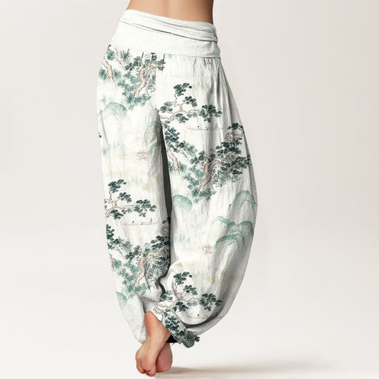 Print Pine Trees Mountains Pattern Pure Cotton Women's Elastic Waist Harem Pants