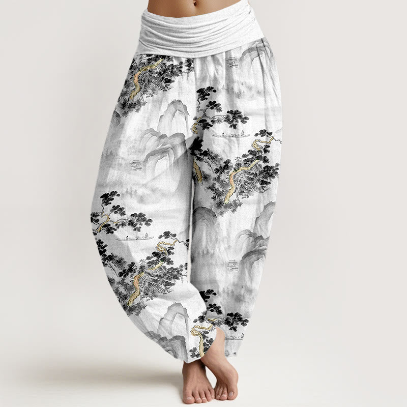 Print Pine Trees Mountains Pattern Pure Cotton Women's Elastic Waist Harem Pants