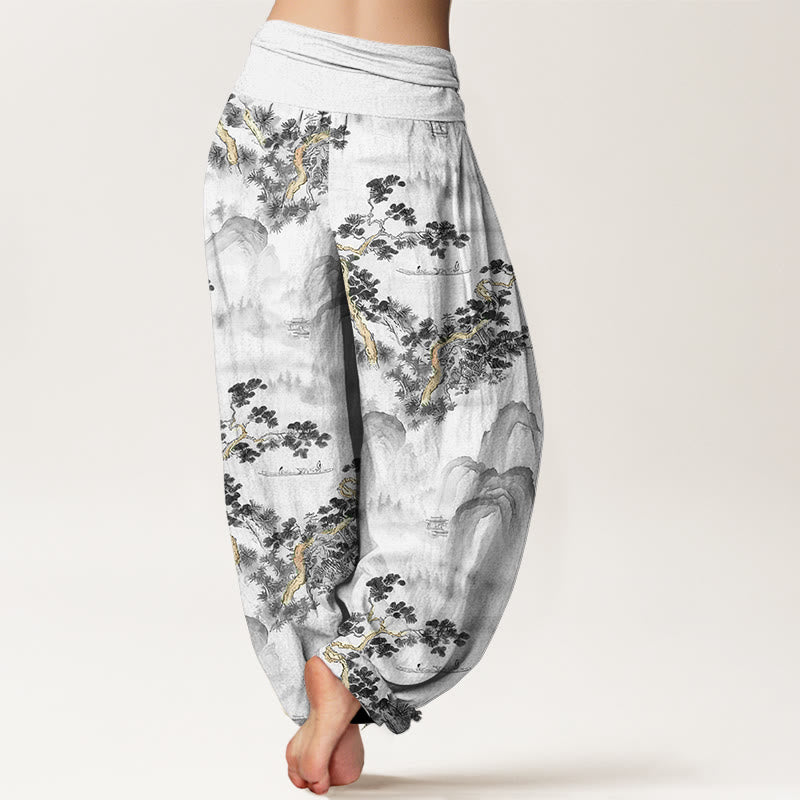 Print Pine Trees Mountains Pattern Pure Cotton Women's Elastic Waist Harem Pants