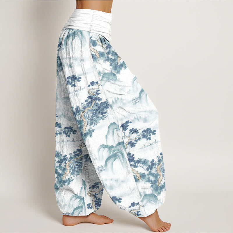 Print Pine Trees Mountains Pattern Pure Cotton Women's Elastic Waist Harem Pants