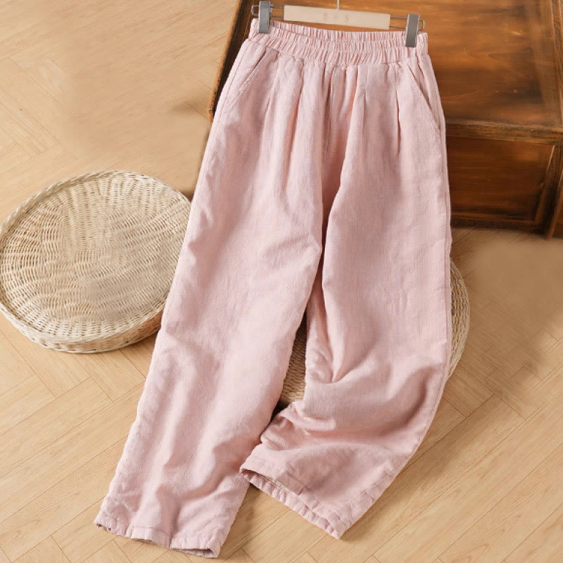 Winter Plain Cotton Thermal Women's Wide Leg Pants With Pockets