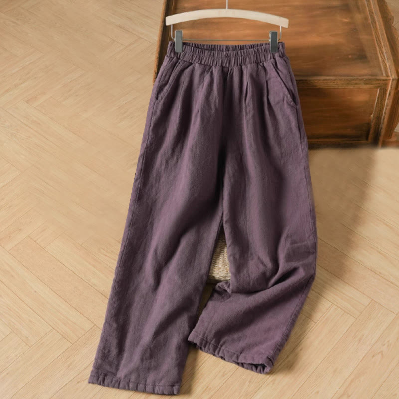 Winter Plain Cotton Thermal Women's Wide Leg Pants With Pockets