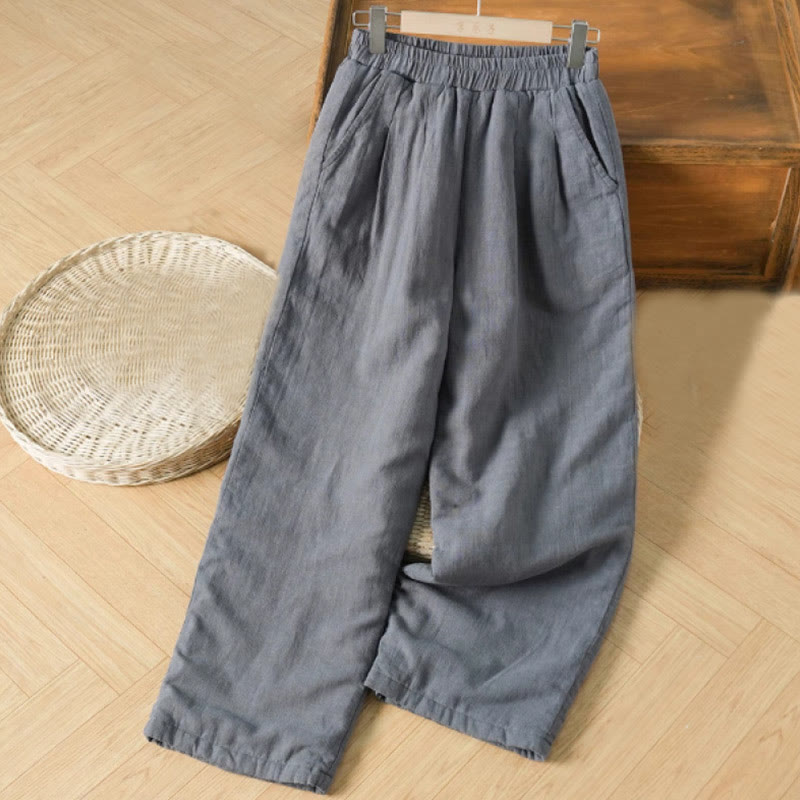 Winter Plain Cotton Thermal Women's Wide Leg Pants With Pockets