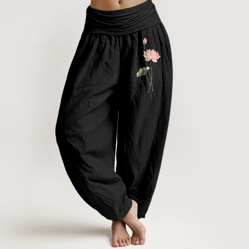 Pink Lotus Flower Lotus Leaves Pattern Women's Elastic Waist Harem Pure Cotton Pants